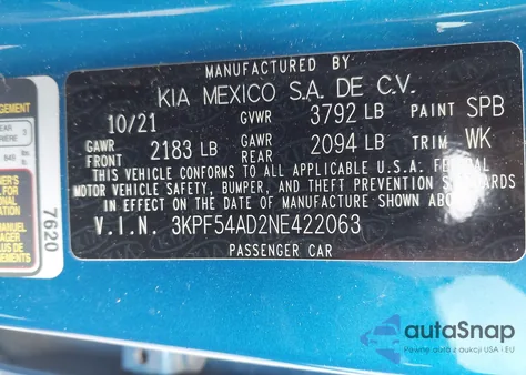 2022 Kia Forte Gt-Line из США, поврежденный, VIN 3KPF54AD2NE422063